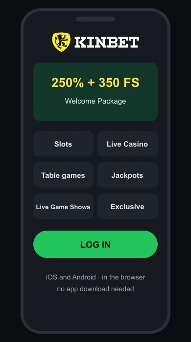 Kinbet on your phone: the mobile site in a browser with lobby categories and the Log In button